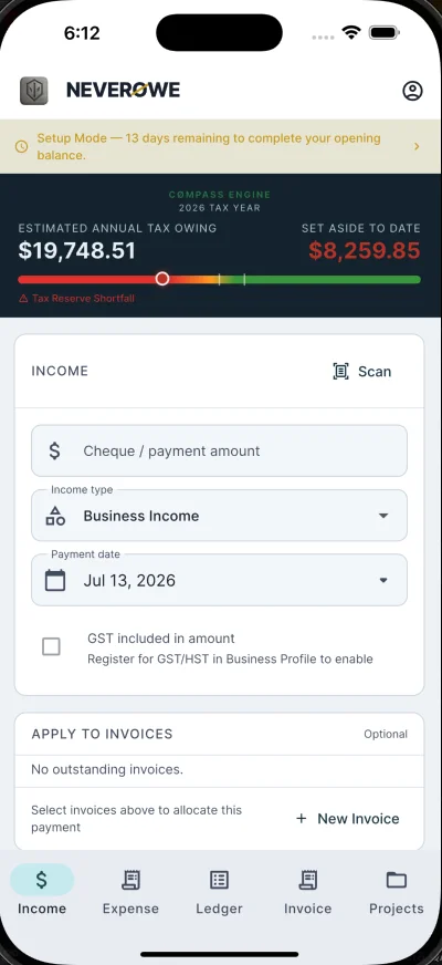 NeverØwe income entry screen with Cømpass Engine tax position