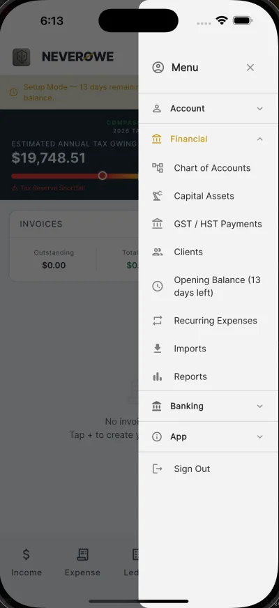 NeverØwe product menu showing financial-control features