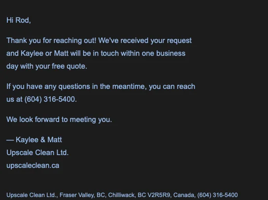 Automated HubSpot confirmation email sent immediately to a new lead